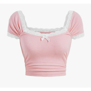 Girl's Lace Puff Short Sleeve Crop Tops Ribbed Knit Bowknot Square Neck T Shirt Cute Tops, Size 10 Y