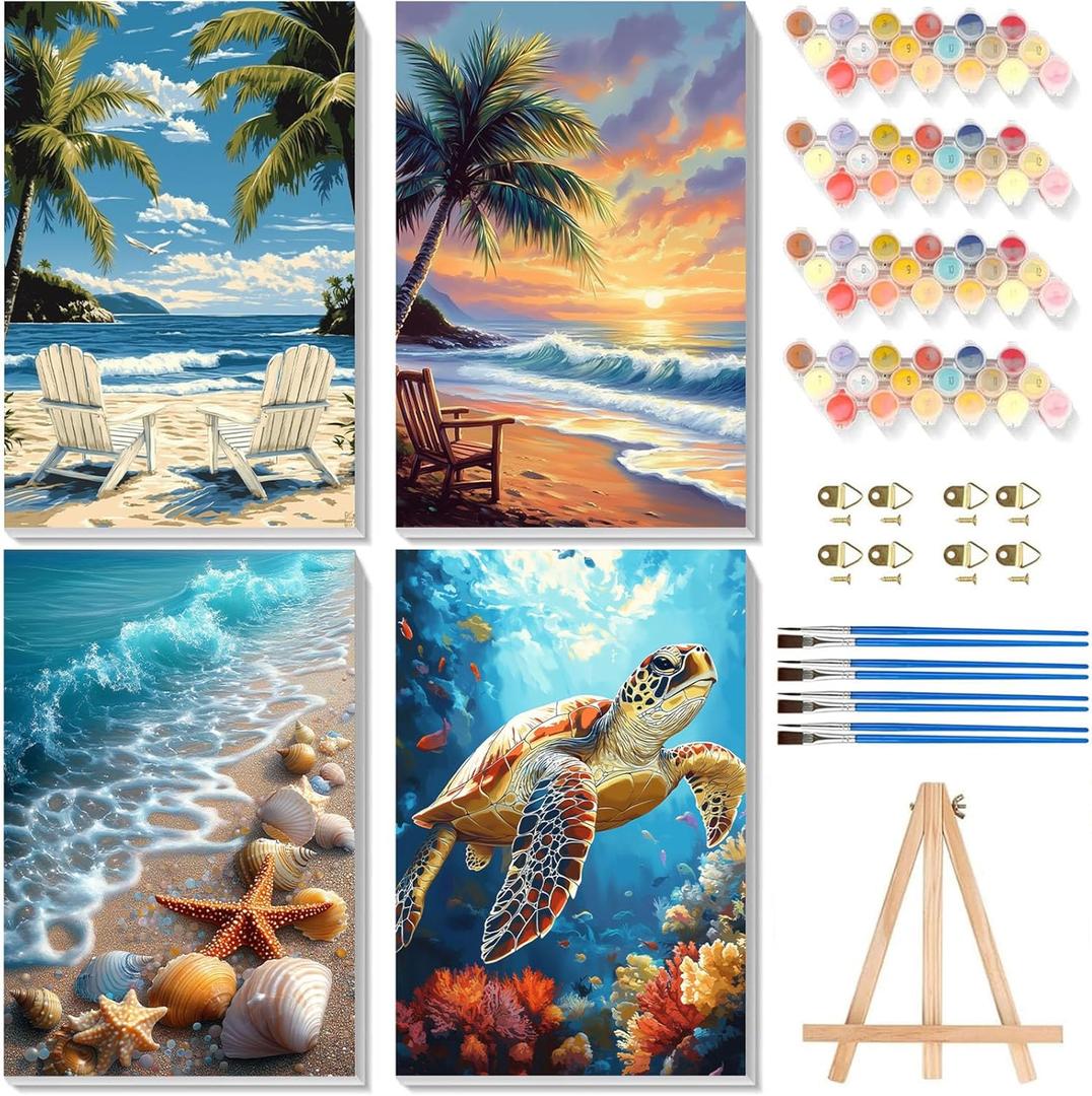 4 Pack Paint by Numbers for Adults with Framed Canvas - with Wooden Easel, Beach Paint by Number on Canvas, DIY Sea Turtle Acrylic Oil Painting Kits with Brushes for Home Wall Decor (8x12 inch) (BKMT0055+BKMT0056+BKMT0057+BKMT0058)