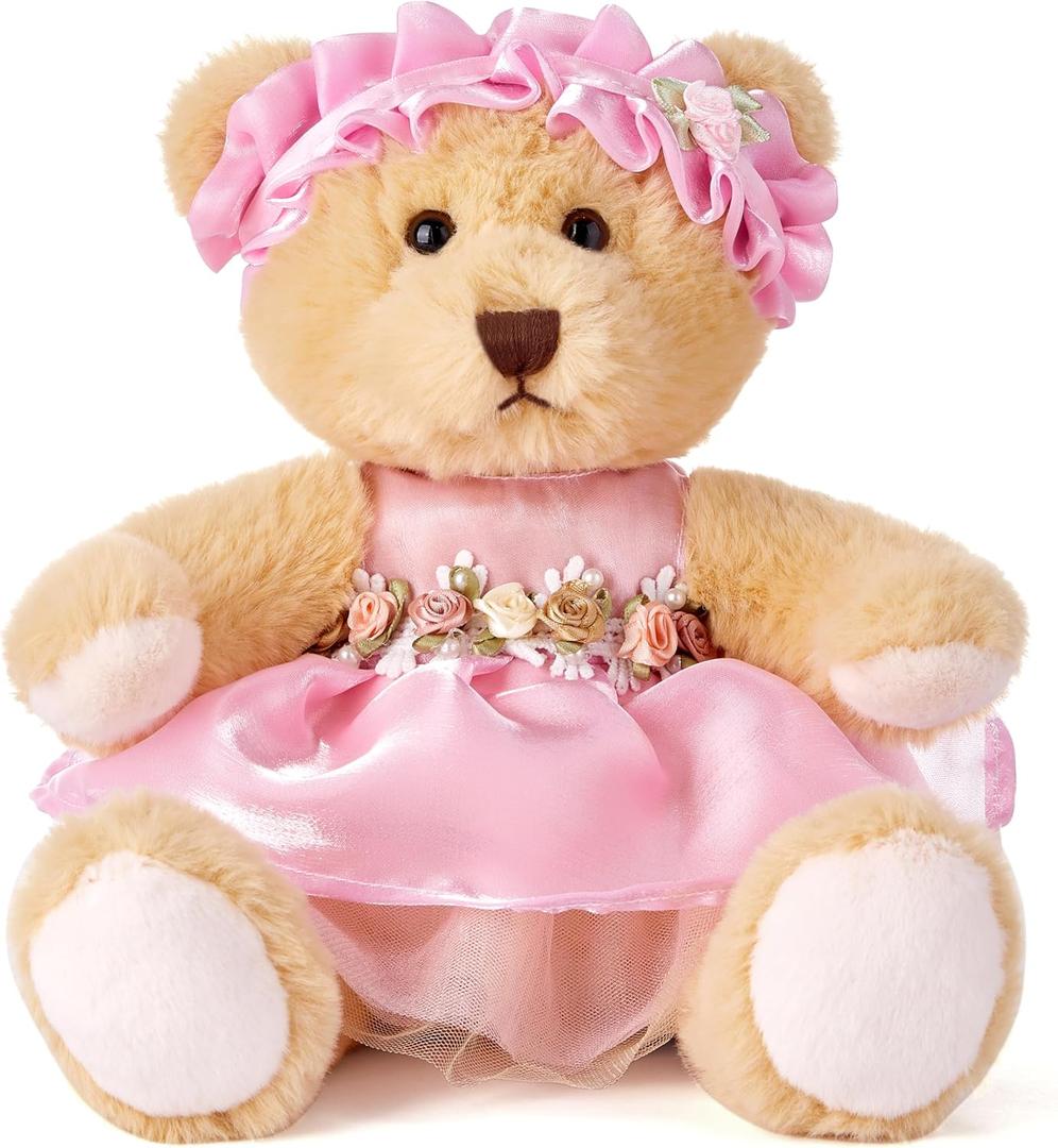 Riverwar Teddy Bear Stuffed Animal,Small Soft Plush Toy in Dress with Cute Headband, Cuddly Gift for Babies, Boys, Girls on Christmas or Valentine's Day (Pink Rose Skirt)