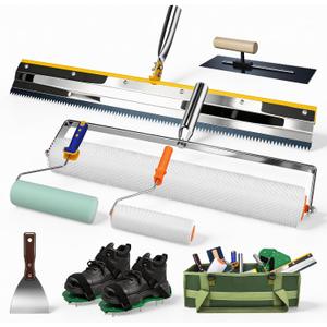 Self Leveling Concrete Tool Kit with Floor Squeegee,Spiked Rollers, Spike Shoes,Wooden Handle Floating Trowel,Storage Bag,Professional Epoxy Floor Leveling Tools for Cement,Resin,Garage Flooring