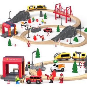 Giant bean Set of 72 Fire Station Wooden Train Track Electric Train Set, Gift Packed Toy Railway Kits for Kids, Toddler Boys and Girls 3,4,5 Years Old and Up, Christmas Birthday Gift Toy for Kids