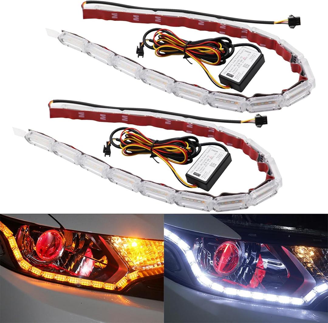 AUTOXBERT Car Daytime Running Light Strip, 2Pcs Flexible Crystal DRL LED Strip Sequential, Dual Color 17Inch Headlight LED Strip Turn Signal Lights Strip (White&Amber)