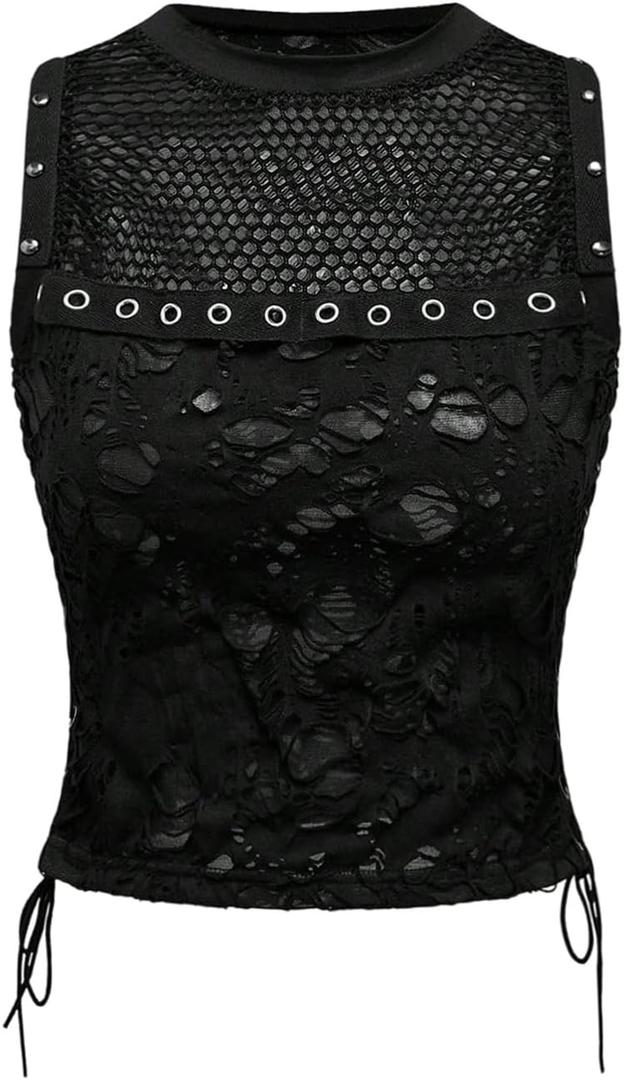 Verdusa Women's Goth Sheer Studded Crop Tank Top Punk Lace Up Distressed Going Out Tops (S, Black)