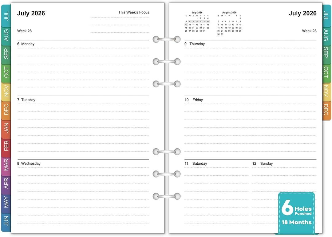(90) 2026-2027 Planner Refills - A5 Planner Inserts with 6-Hole Punched, JUL 2026 - JUN 2027, 3-3/4" x 6-3/4", Planner Refills 2026-2027, A5 Binder Inserts, Weekly Monthly Planner 26-27 with Colorful Tabs
