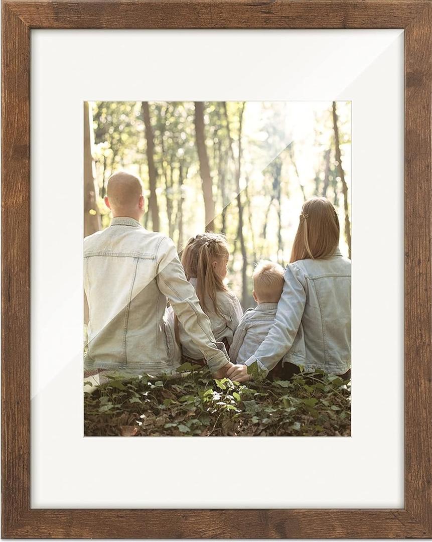 Picture Frames 13x16 Inch with Mat Rustic Photo Frame Wooden Grain Gallery Wall Decor Hanging Dark Brown Thin Christmas Family Couple Dog Gift Tabletop Desk Display  