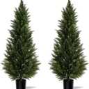 Artificial Topiary Cedar Trees 3ft, 2 pk - Outdoor Indoor Faux Pine Shrubs Plants, Realistic Fake Plants Front Porch Decor, Artificial Bushes Cypress for Home Front Door Offices (Black)