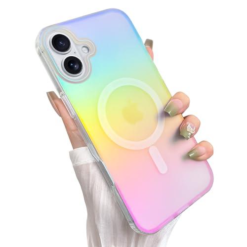 Heaofei Cute Case for iPhone 16 Case for Women Girls [Compatible with Magsafe] Aesthetic Girly Glitter Bling Rainbow Magnetic Protective Phone Cover, Translucent Iridescent Blue & Pink
