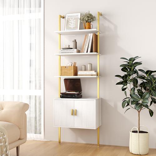Gadroad 73" Tall Bookshef with Cabinet, Wall Mounted Industrial Ladder Bookcase with Wood and Metal Frame, 5 Tier Plant Shelf Display Storage Shelves for Living Room Bedroom, White Gold