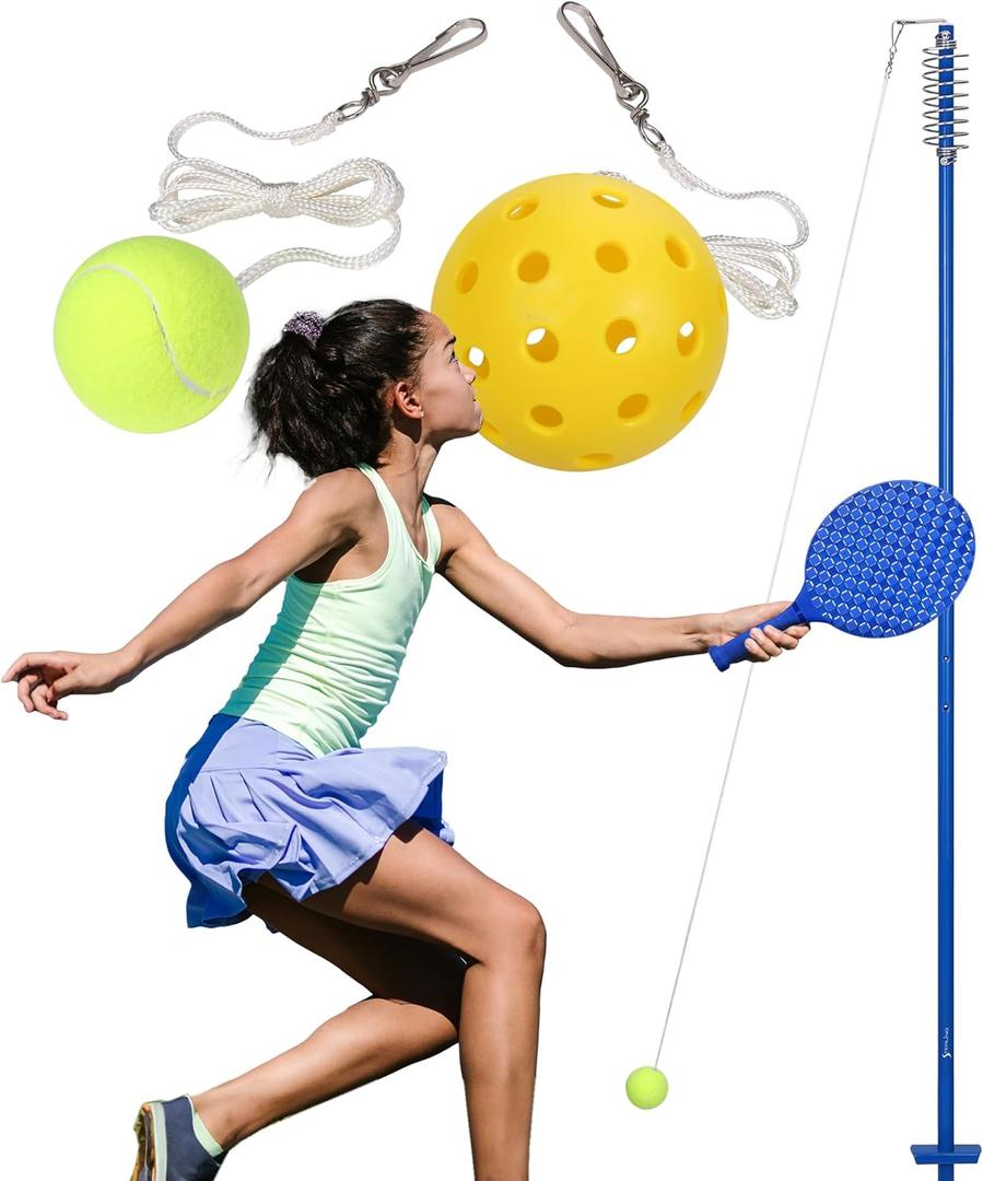 STERLING Sports Tennis Pickleball Tetherball Pole Set, Adjustable Height Backyard Tether Training Kit with Paddles, Tennis Ball and Pickleball, Swingball Outdoor Lawn Game for Kids and Adults