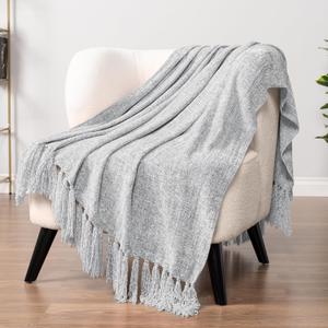 PAVILIA Light Gray Chenille Throw Blanket for Couch, Sofa Bed - Soft Knit Woven with Tassel, Decorative for Chair Living Room - Light Grey 50x60