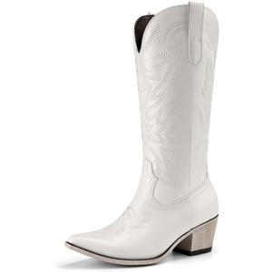 Athlefit Cowboy Cowgirl Boots for Women Fashion Low Chunky Heel Snip Toe Embroidery Western Mid Calf Boots, Size 5,5