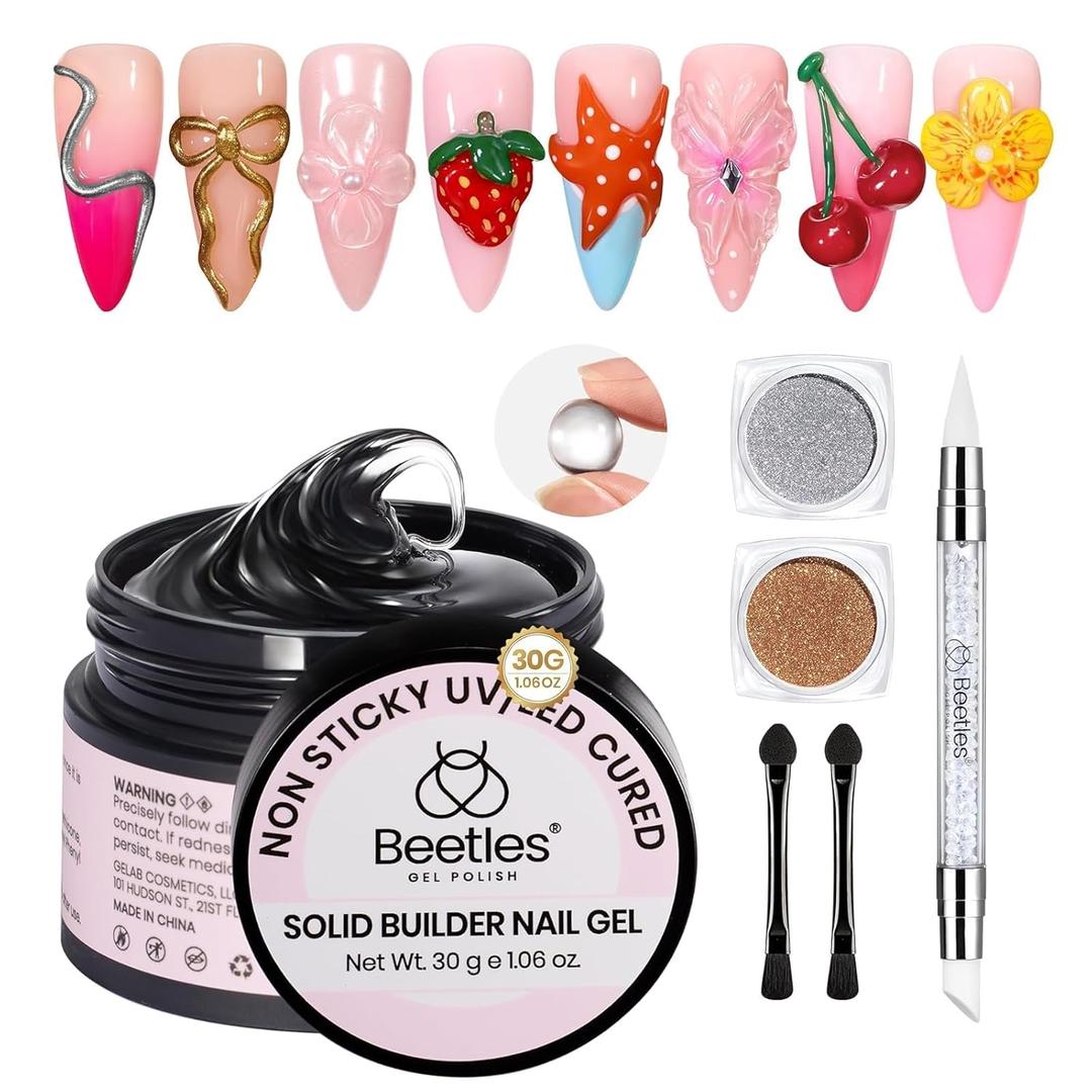 Beetles Solid Builder Nail Gel, 1.06 oz Clear 3D Gel Nail Art Non-Sticky Sculpting Gel, Hard Gel Building Gel with Chrome Nail Powder, Fall Nails Art Sculpture Pen Gift for Women,LED & UV Lamp Needed