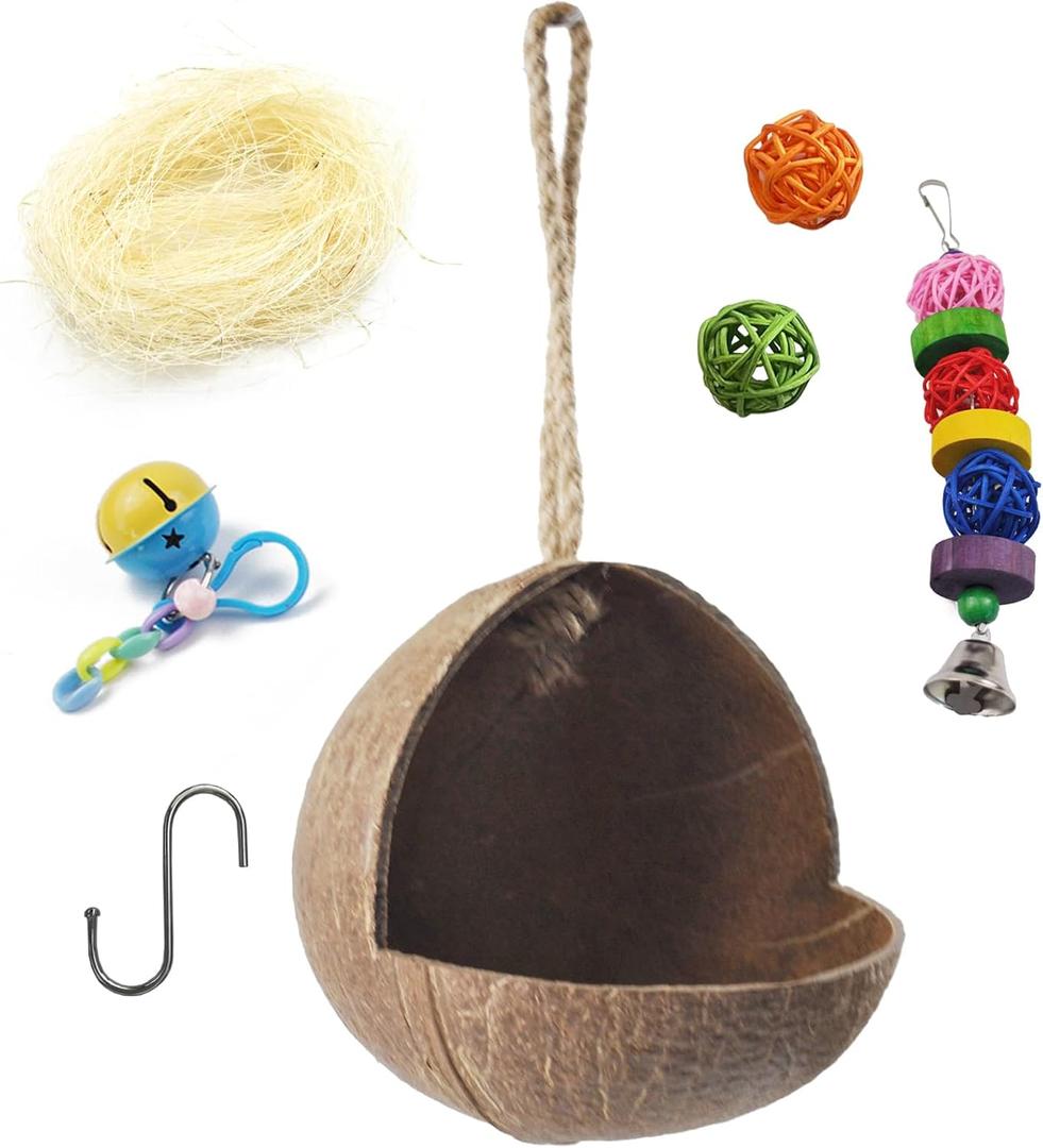 Natural Coconut Bird Nest,Hanging Coco Birds House Habitats Decor,Parrots Coconut Shell Nest Hideout with Grinding Beak Toys,Bird Cage Accessories Coconut for Canary Lovebird Cockatiel