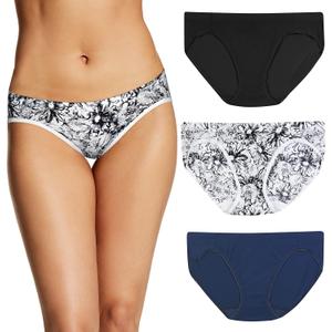 Maidenform Barely There Women's Underwear Bikini Pack, Invisible Look Panties, 3-Pack (Medium, Black/Marker Floral Print/Navy)