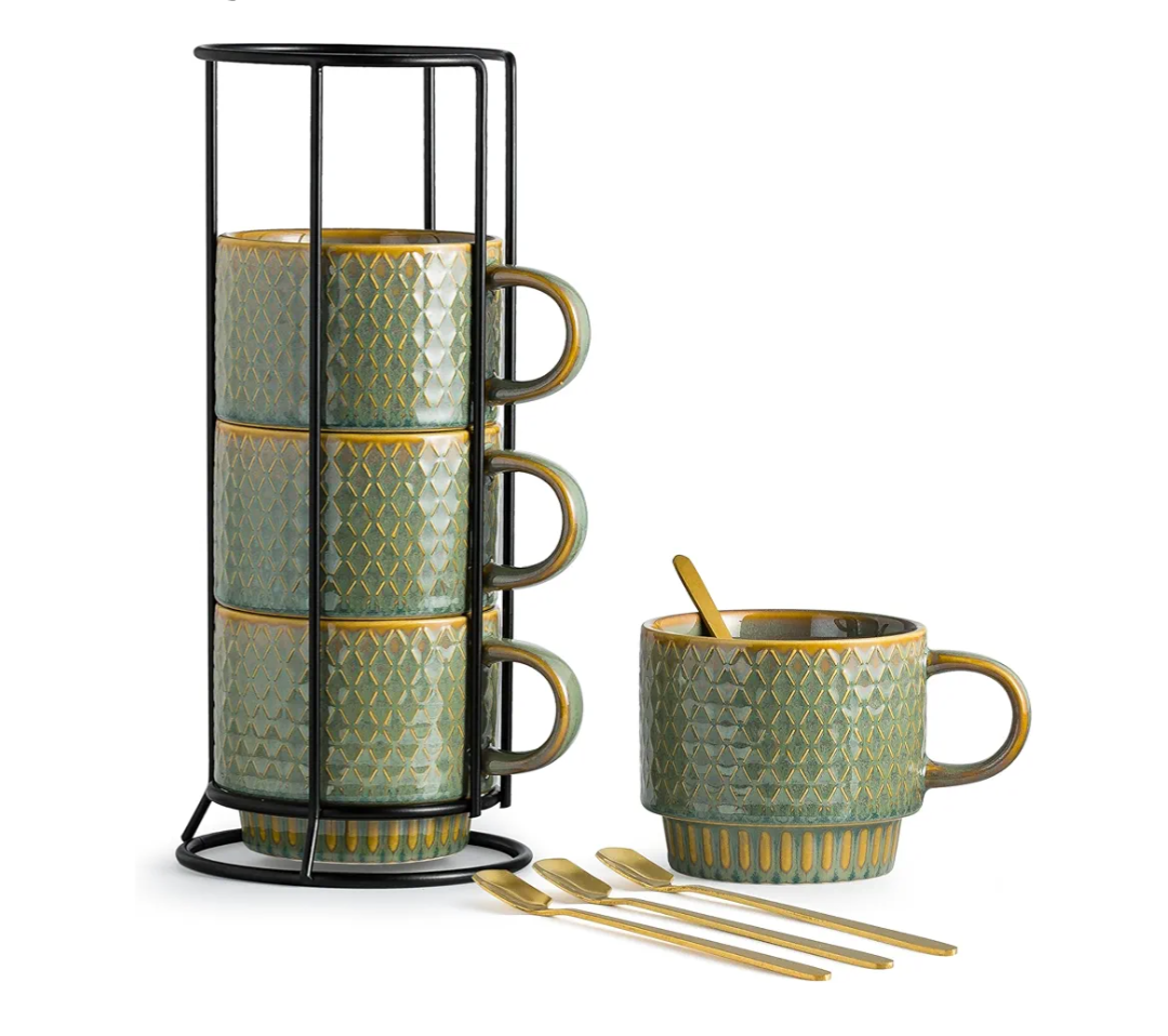 LYEOBOH Coffee Mug, Coffee Mugs Set of 4, Stackable Coffee Mugs with Rack and Spoons - 13 Oz Cup Set with Stand, Ceramic Mugs for Home & Kitchen, Blue and Green