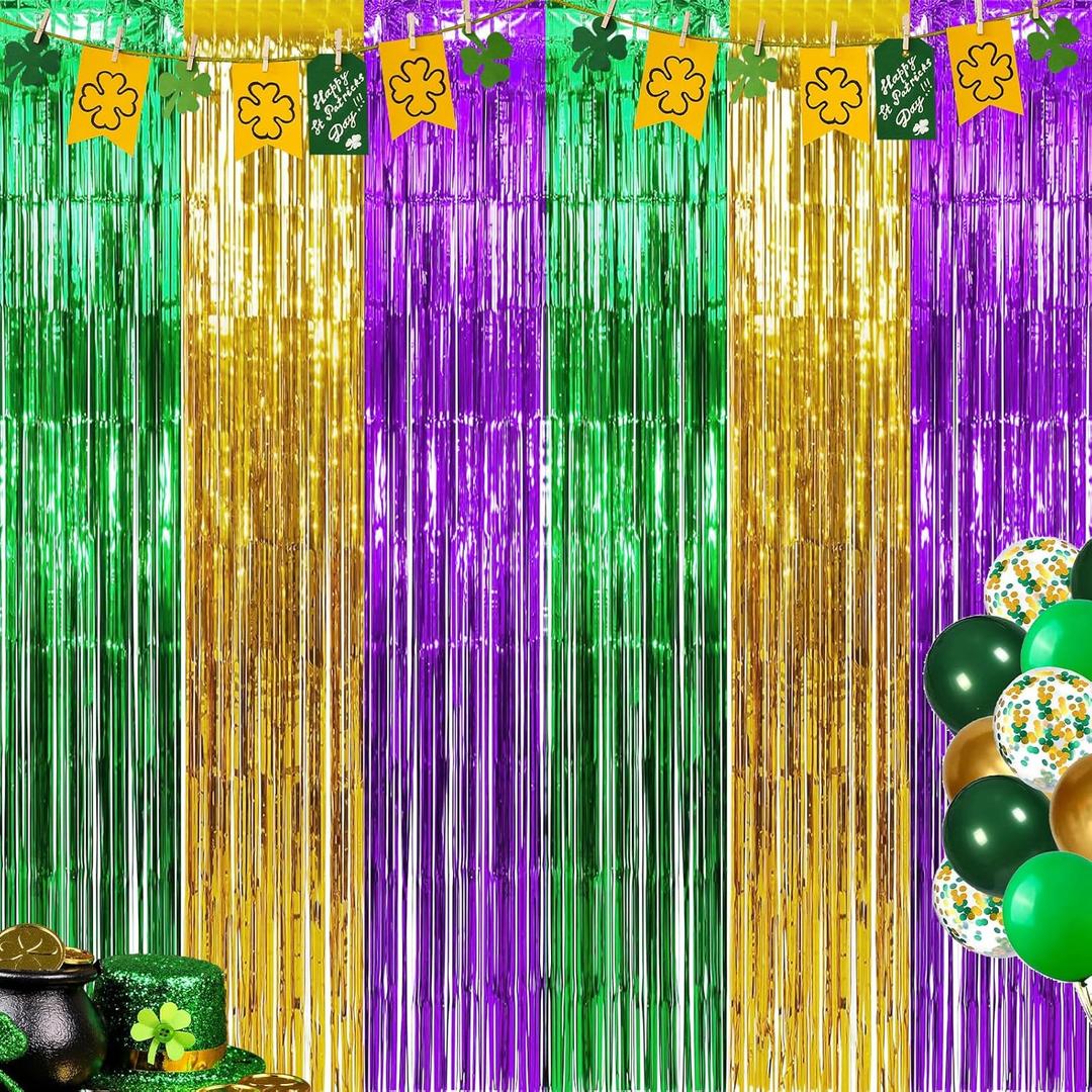 3 Pack Mardi Gras Foil Fringe Curtains 3.2ft x 8.2ft Green Purple Gold Fringe Curtain Backdrop Mardi Gras Party Decorations Photo Booth Prop Streamer for Oktoberfest Birthday Party Decoration