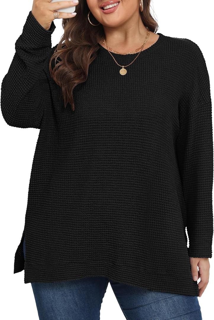 KARALIN Womens Plus Size Tops Fall CrewNeck Waffle Knit Long Sleeve Shirts Side Slits Oversized Sweater Pullover (Black, XXL)