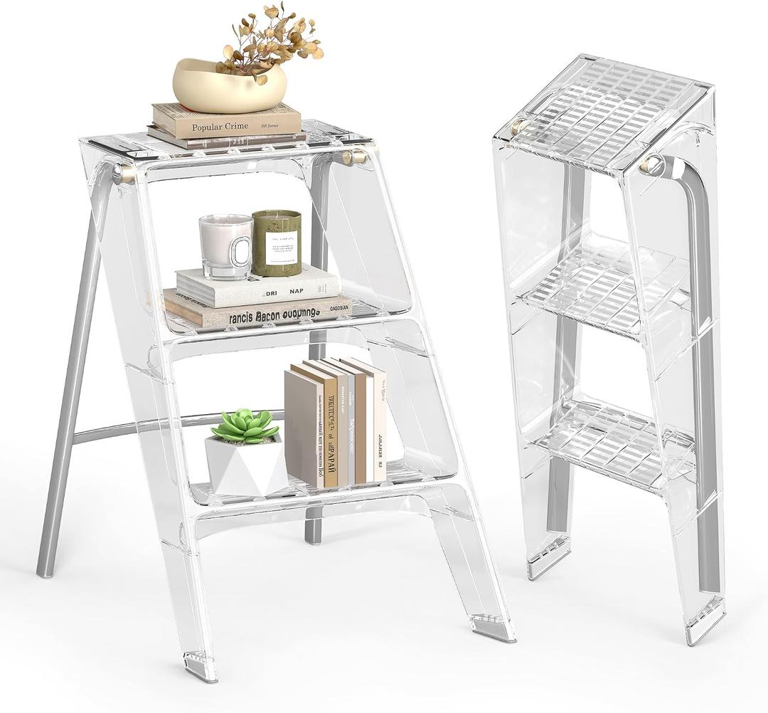 Acrylic 3 Step Ladder, Folding Transparent Step Stool with Anti-Slip Steps