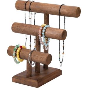 3-Tier Bracelet Holder Stand Display Wooden T-Bar Bracelets Holder Organizer for Displays, Storage Stand Tower for Bangle