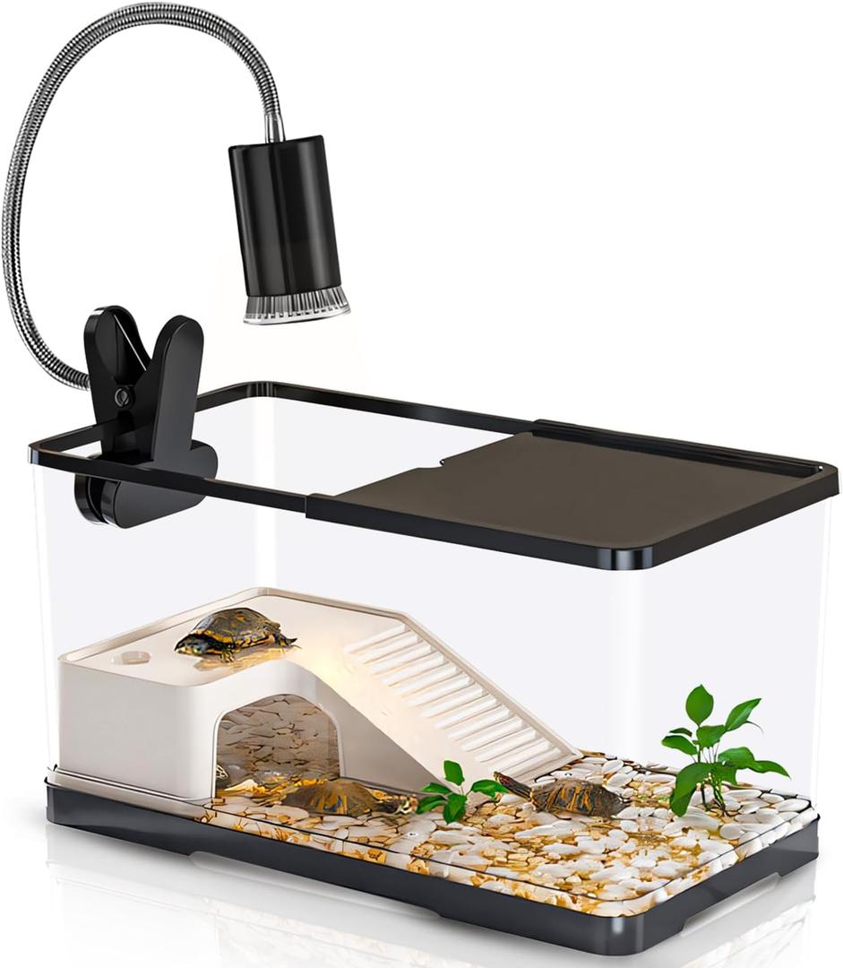 (Tank+Light+Filter+Filter Balls) Turtle Tank Kit, Turtle Tank Starter Kit with Basking Platform, Bottom Drainage, Multi-Function Areas for Amphibian,Reptiles.15.35" x 8.5" x 8.3" Inch