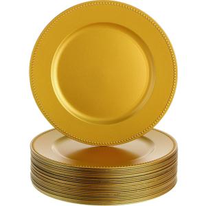 Dandat 50 Pack 13 Inch Plastic Round Dinner Plates with Beaded Rim - Reusable Charger Service Plates for Wedding Party Dinner Table Decoration (Gold)