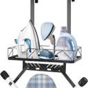 Siyzda Ironing Board Hanger, Metal Over The Door or Wall Mounted Ironing Board Caddy, Ironing Board Storage Shelf with Adjustable Hooks for Laundry Room, Living Room, Bathroom (Matte Black)