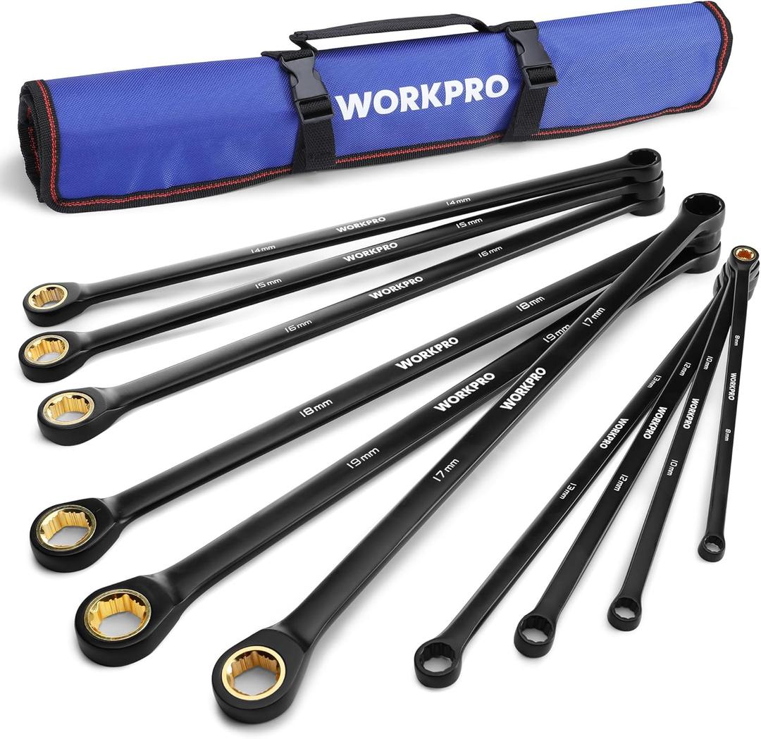 WORKPRO Extra Long Ratcheting Wrench Set, 10-Piece Anti-Slip Double Box Wrenches Set, Metric 8-19 mm, 72-Teeth, Cr-V Steel and Black Electrophoretic Coating Wrenches with Rolling Pouch