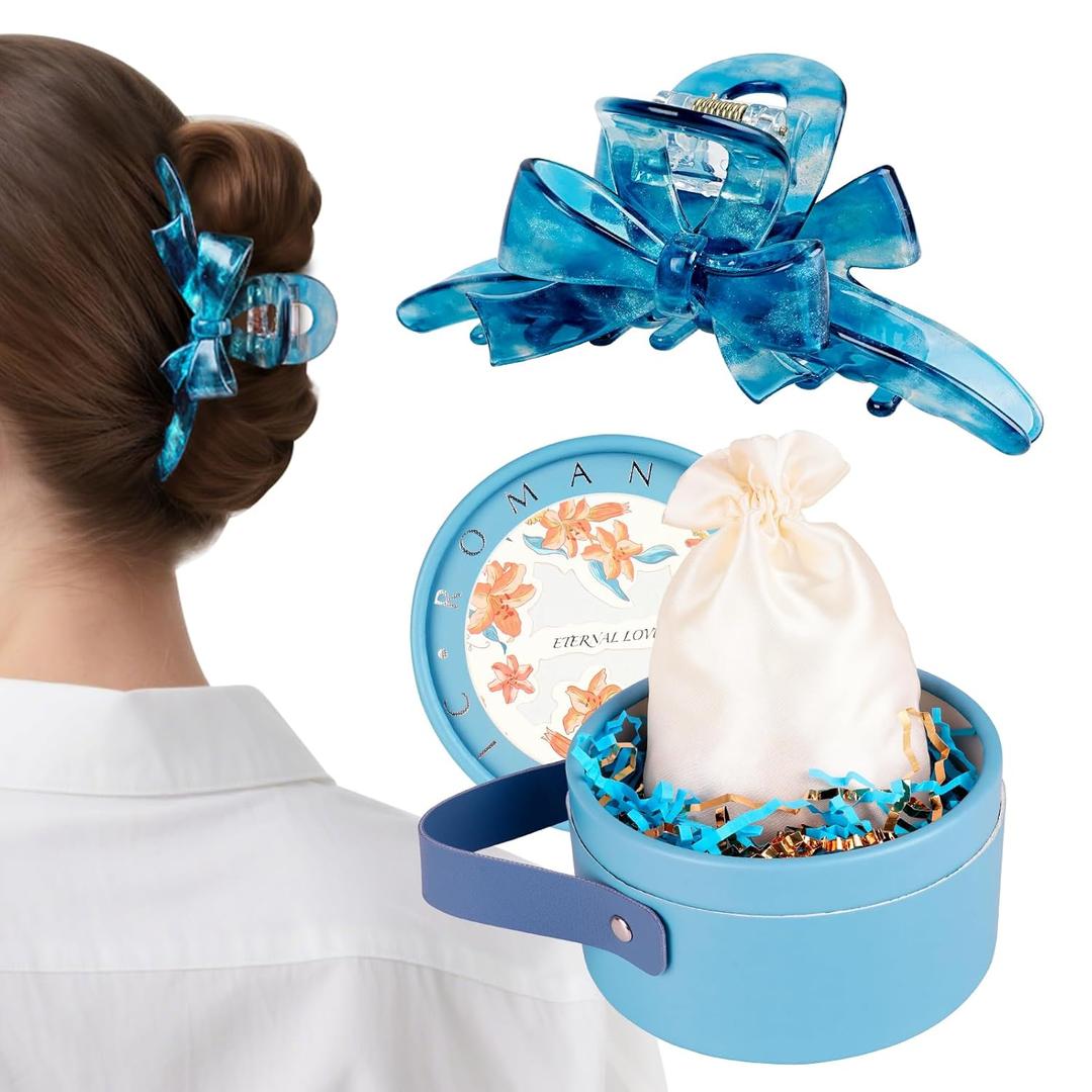 TOCESS Cellulose Acetate Claw Clip: 4.13 Inch Large Jaw Clips with Bow Design for Thin/Long/Curly Hair Women - Nonslip Strong Hold Blue Tortoise Shell Pattern for Daily Wear and Gift Set