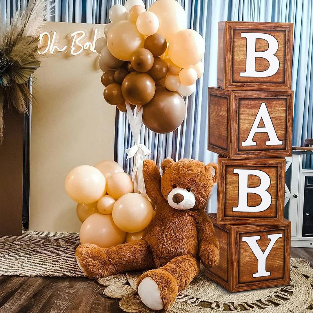 Baby Shower Boxes Party Decorations - 4 Wood Grain Brown Blocks with Baby Letter, Printed Letters,First Birthday Centerpiece Decor, Teddy Bear Baby Shower Supplies, Gender Reveal Backdrop