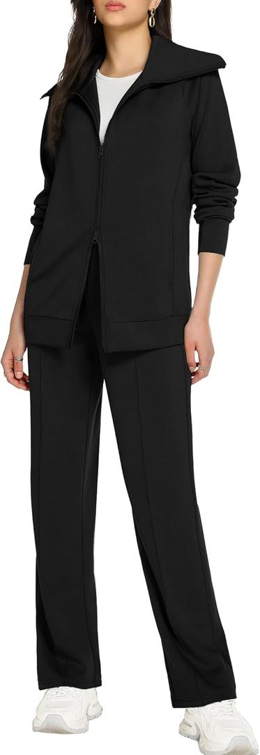 Casly Lamiit Lounge Sets for Women 2026 Spring Sweatsuit Long Sleeve Zip Up Travel Outfit Wide Leg Sweatpant Tracksuit (XX-Large, Black)