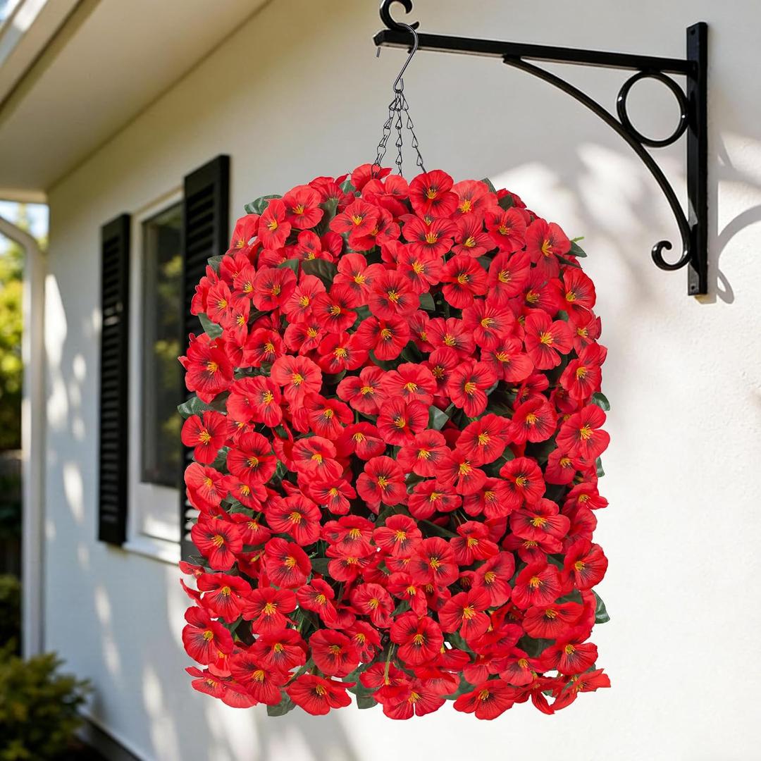 HyeFlora 4pcs Artificial Flowers for Outdoors Fake Pansy with Hanging Basket UV Resistant Silk Spring Faux Flowers for Outside Front Door Porch Yard (Red)