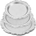 Rtteri 3 Pack Silver Serving Trays Set 8''/10''/12'' Vintage Embossed Round Coffee Table Platters Party Decor Metal Plates Silver Plated Ornate Jewelry Display Plates for Wedding Dessert Snacks Fruit