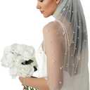 Wedding Bridal Veil, 1 Tier Soft Tulle Pearl Veils for Brides, With Metal Comb Veils for Women Wedding (White-39 Inch)
