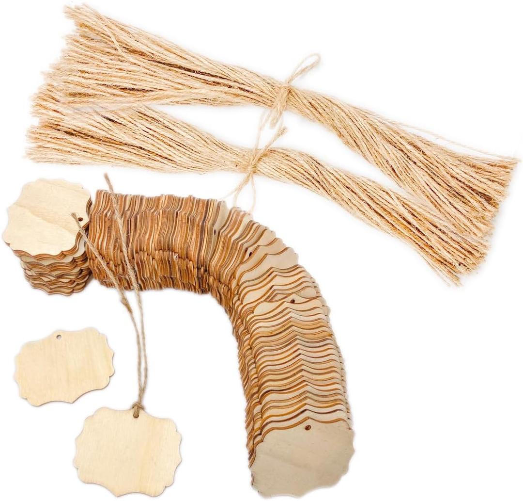 200 Pcs 2.4 Inch Quatrefoil Wooden Tags with Jute Crafts Unfinished Wood Gifts Tags (2.4X 2 in)