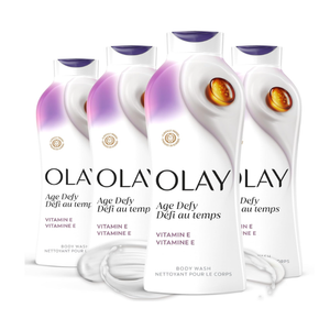 Olay Body Wash for Women, Age Defying with Vitamin E, 24hr Moisturizing, Hydrating & Refreshing, B3 Vitamin Complex, Free of Parabens & Phthalates, for All Skin Types, Scented, 22 fl oz (Pack of 4)