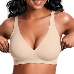 Vertvie Jelly Wireless Bras for Women Push Up Plunge Seamless T-Shirt Bras No Underwire Supportive Full Coverage Bralettes (Beige, L)