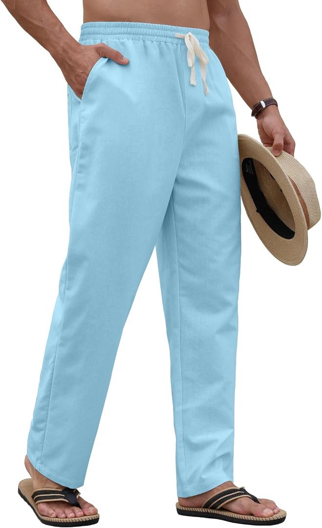 PLEPAN Men's Linen Pants Elastic Waist Drawstring Casual Summer Beach Lightweight Yoga Trousers Loose Fit (M)