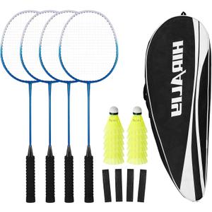 HIRALIY Badminton Rackets Set for Backyards, Lightweight Badminton Set of 4, Include 4 Rackets, 12 Nylon Birdies, Replacement Grip Tapes, 1 Carrying Bag, Outdoor Games for Adults Family Kids Beginners