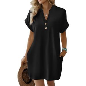 kipfall Summer Dresses for Women 2026 Button Down V Neck Sundress Vacation Beach Coverup Dress Trendy Basic Outfits (Black, L)