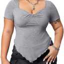 JULYCLO Plus Size Shirt for Women Sweetheart Neck Short Sleeve Shirt Slim Fit Tee Top Sexy Twist Front Top Streetwear, Extra Large, Gray 