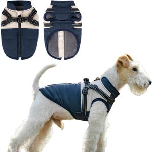 Dog Winter Coat for Small & Medium Dogs, Waterproof Dog Coat with Harness, Puppies Windproof Puppy Puffer Jacket, Snowsuit for Dachshund, Frenchie, Corgi (Classic Blue,L)