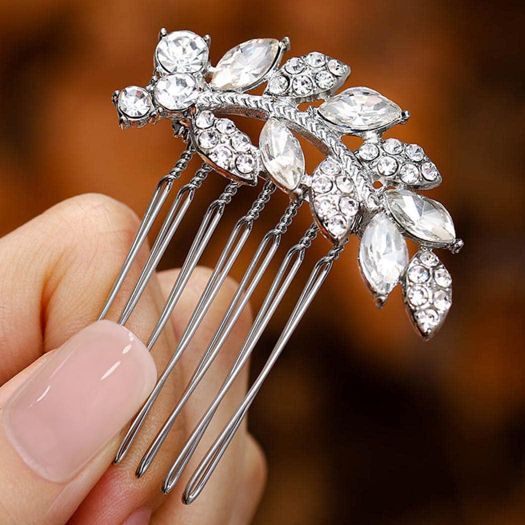 Foyte Crystal Bride Wedding Hair Comb Leaf Bridal Headpieces Rhinestone Hair Pieces Bridesmaid Side Combs Hair Accessories for Women (silver leaf)