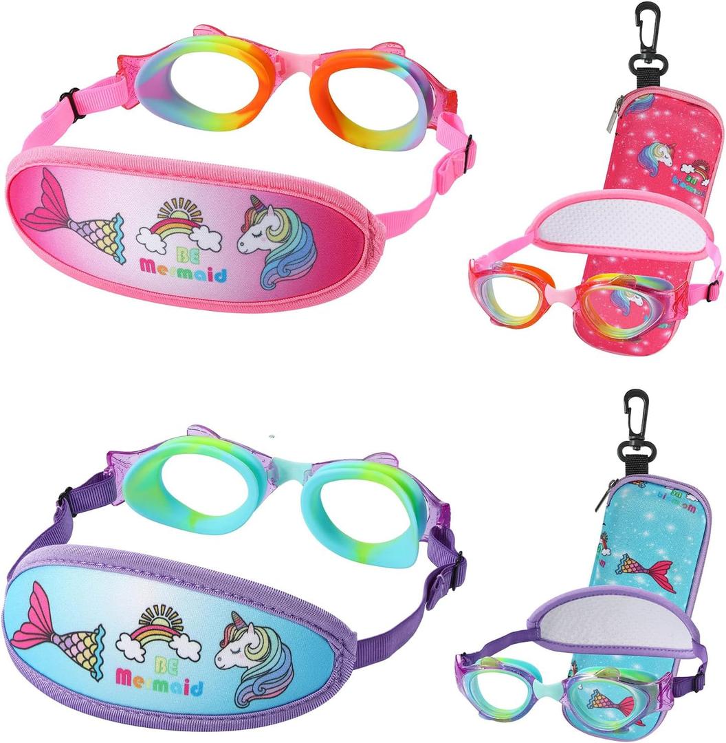 Kids Swim Goggles Age 2-6, Toddler Goggles No Hair Pull,Child Goggles Padded HeadBand (2pk Fish - Rainbow & Blue)
