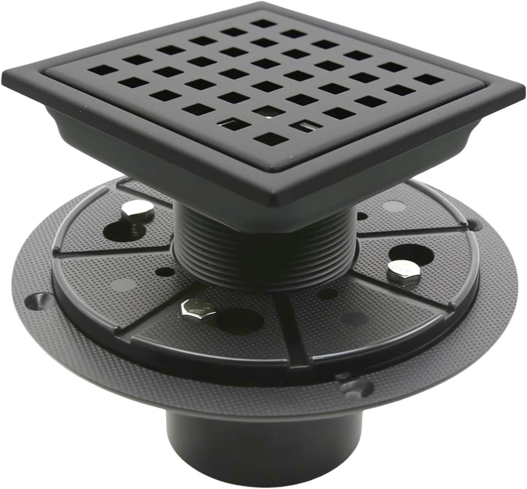 4 Square Shower Floor Drain with Flange,Quadrato Pattern Grate Removable,Food-Grade SUS 304 Stainless Steel,Watermark&CUPC Certified,Brushed (Matte Black,4 Inch)