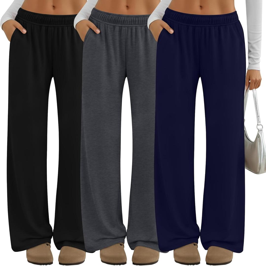 Neer 3 Pack Women's Lounge Pants Wide Leg Yoga Built in Drawstring High Waisted Casual Comfy Baggy Sweatpants with Pockets (Black, L)