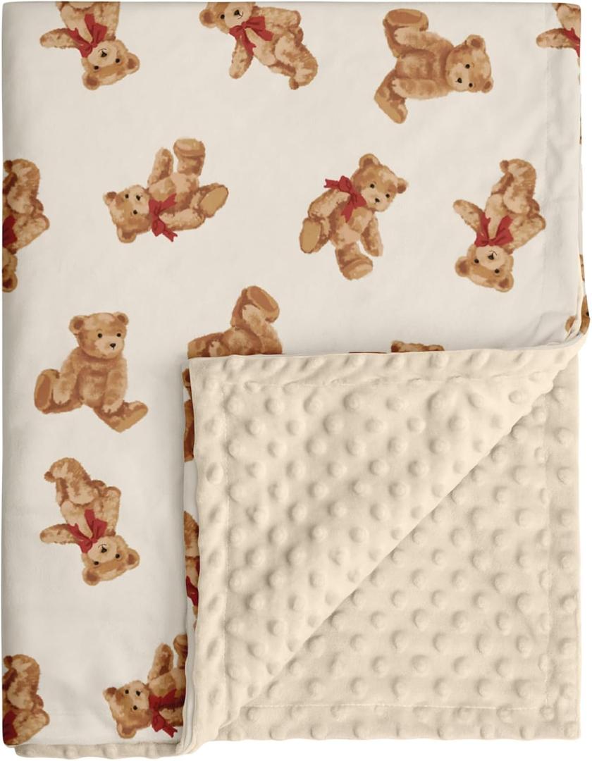 Bear Minky Baby Blanket, Ultra Soft Cozy Nursery Blanket for Unisex Boys Girls, Fluffy Toddler Infant Newborn Warm Nursery Bed Blankets for Crib Stroller or Carseat, 3040, Beige