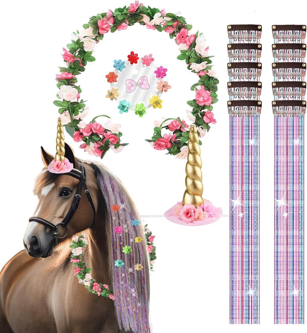 22Pcs Horse Costume, Unicorn Horn, Pony Bling Hair Accessory Set, Horses Tail Extension with Mini Clip, Pony Tinsel Rose Flower Vine for Real Horse Birthday Party Decor