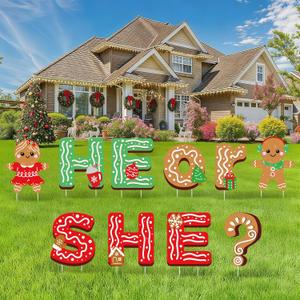 9 Pcs Christmas Gingerbread Gender Reveal Decoration Boy or Girl Yard Signs with Stake Christmas Baby Shower Decorations Gender Reveal Yard Letters Lawn Decor Outdoor Red Green Xmas Party Supplies