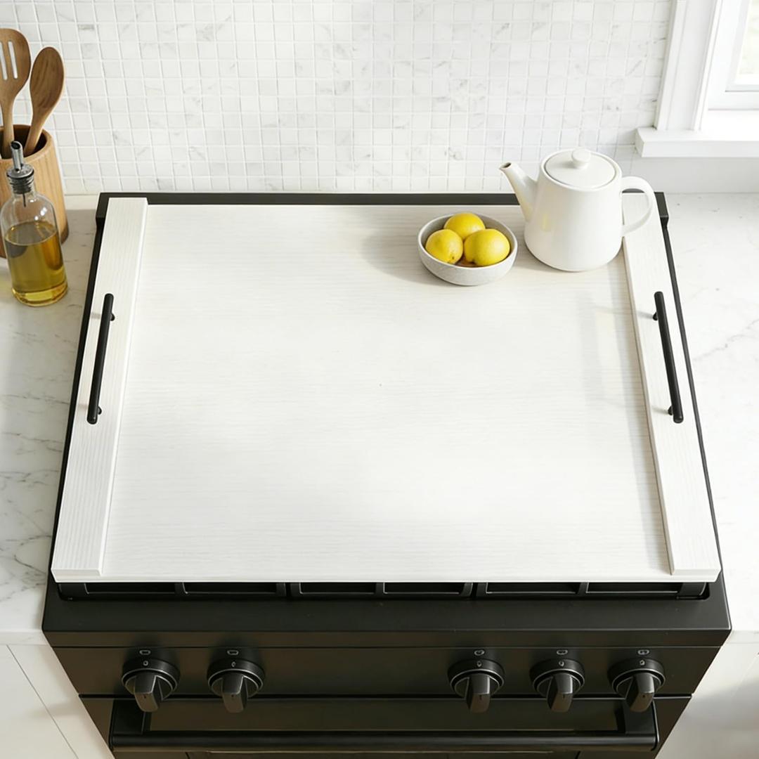 White Stove Top Cover for Gas & Electric Range | 30"x22" Farmhouse Noodle Board with Handles | RV Kitchen Workspace Saver