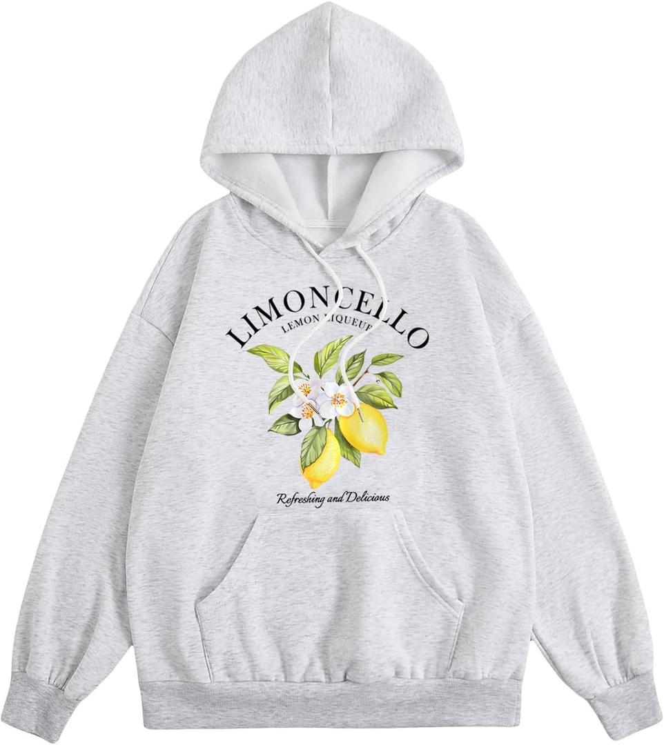 SweatyRocks Women's Drawstring Lemon Graphic Hoodies Fleece Sweatshirts Fall Fashion Pullover Sweaters (XL)